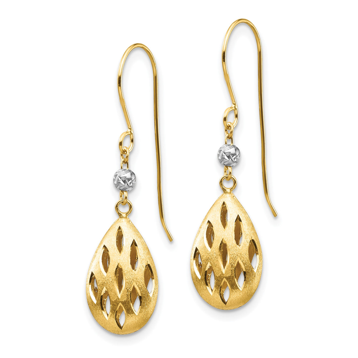 14k Two Tone Gold Teardrop Dangle Earrings with Cutout Marquise Design and Bead Accents