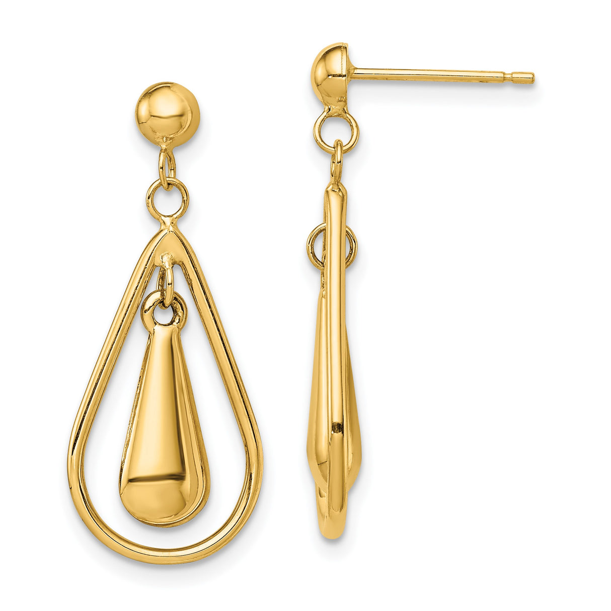 14k Yellow Gold Dangle Earrings with Modern Teardrop Design and Polished Drop Centerpiece