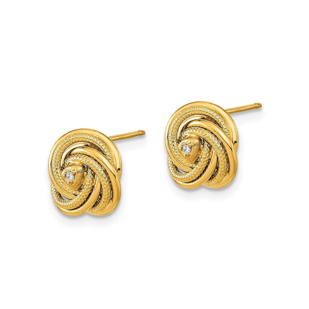 14k Yellow Gold Love Knot Stud Earrings with Cubic Zirconia Center, Textured and Polished Finish