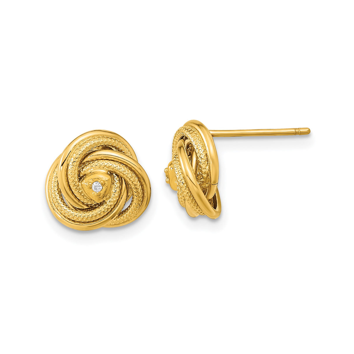 14k Yellow Gold Love Knot Stud Earrings with Cubic Zirconia Center, Textured and Polished Finish