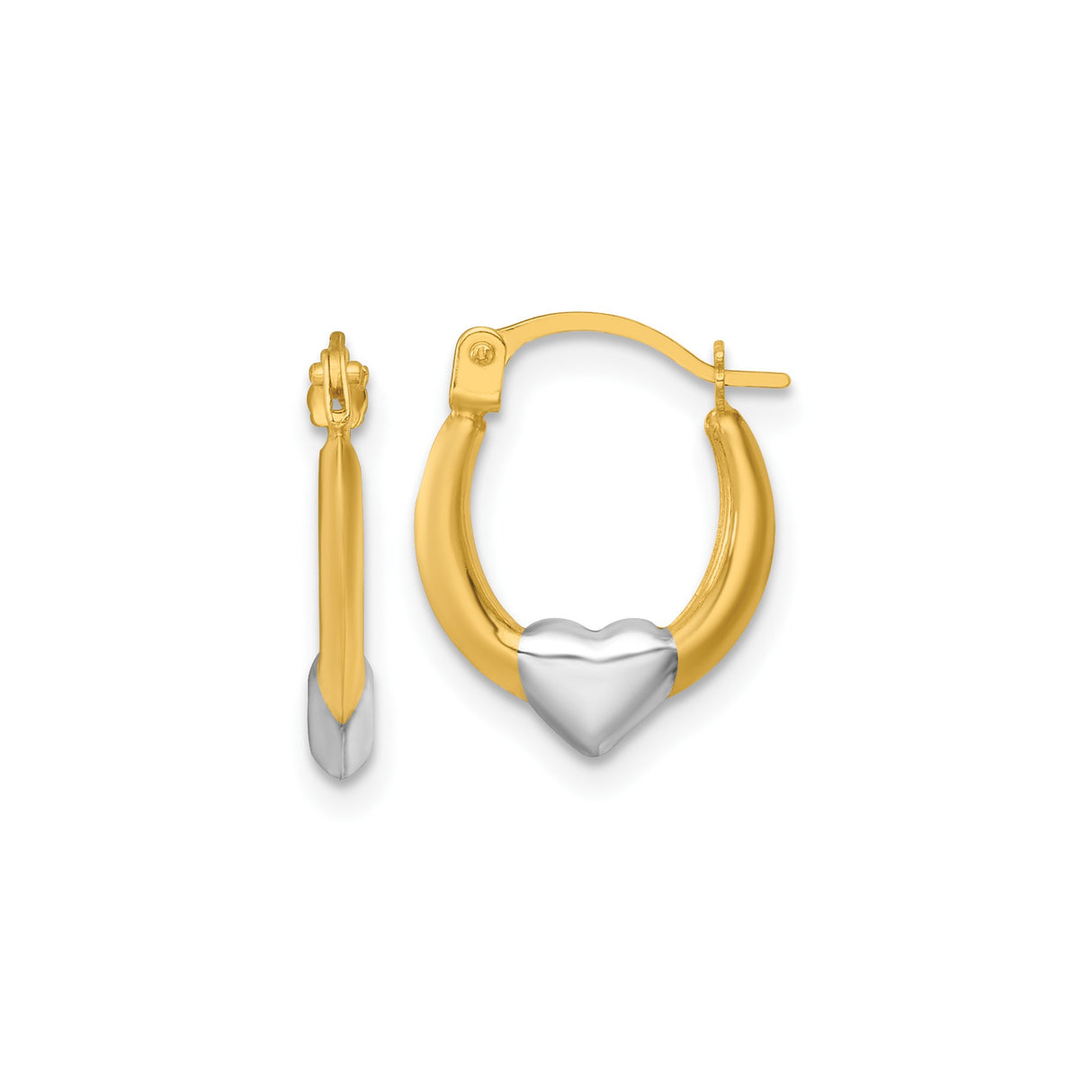 14k Yellow Gold Two-Tone Hoop Earrings with Polished Heart Design