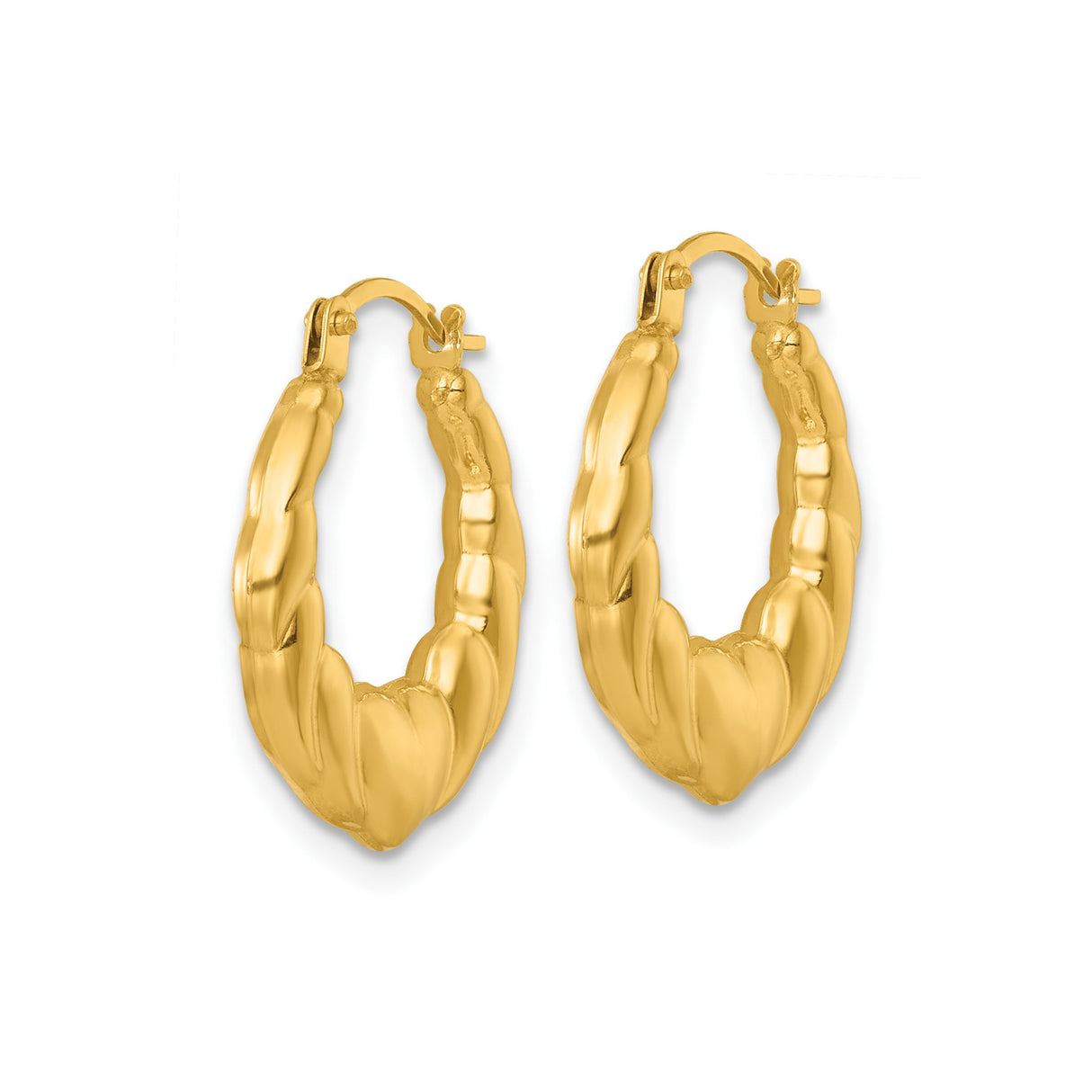 14k Yellow Gold Twisted Puffed Hoop Earrings, Scalloped Medium Size, Textured Statement Style