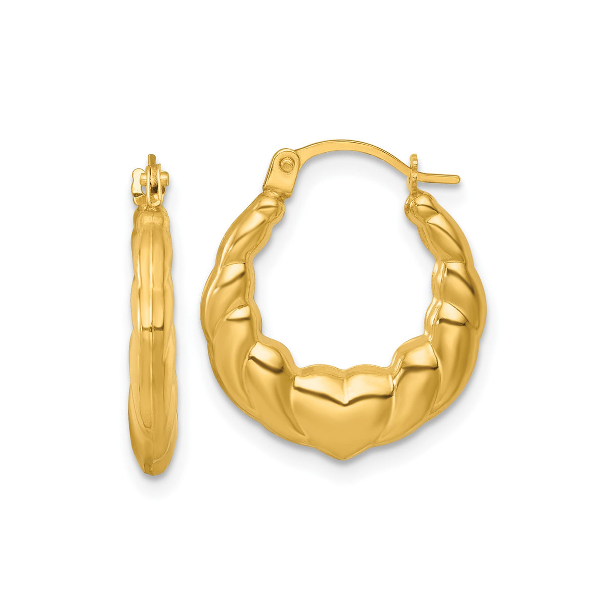 14k Yellow Gold Twisted Puffed Hoop Earrings, Scalloped Medium Size, Textured Statement Style