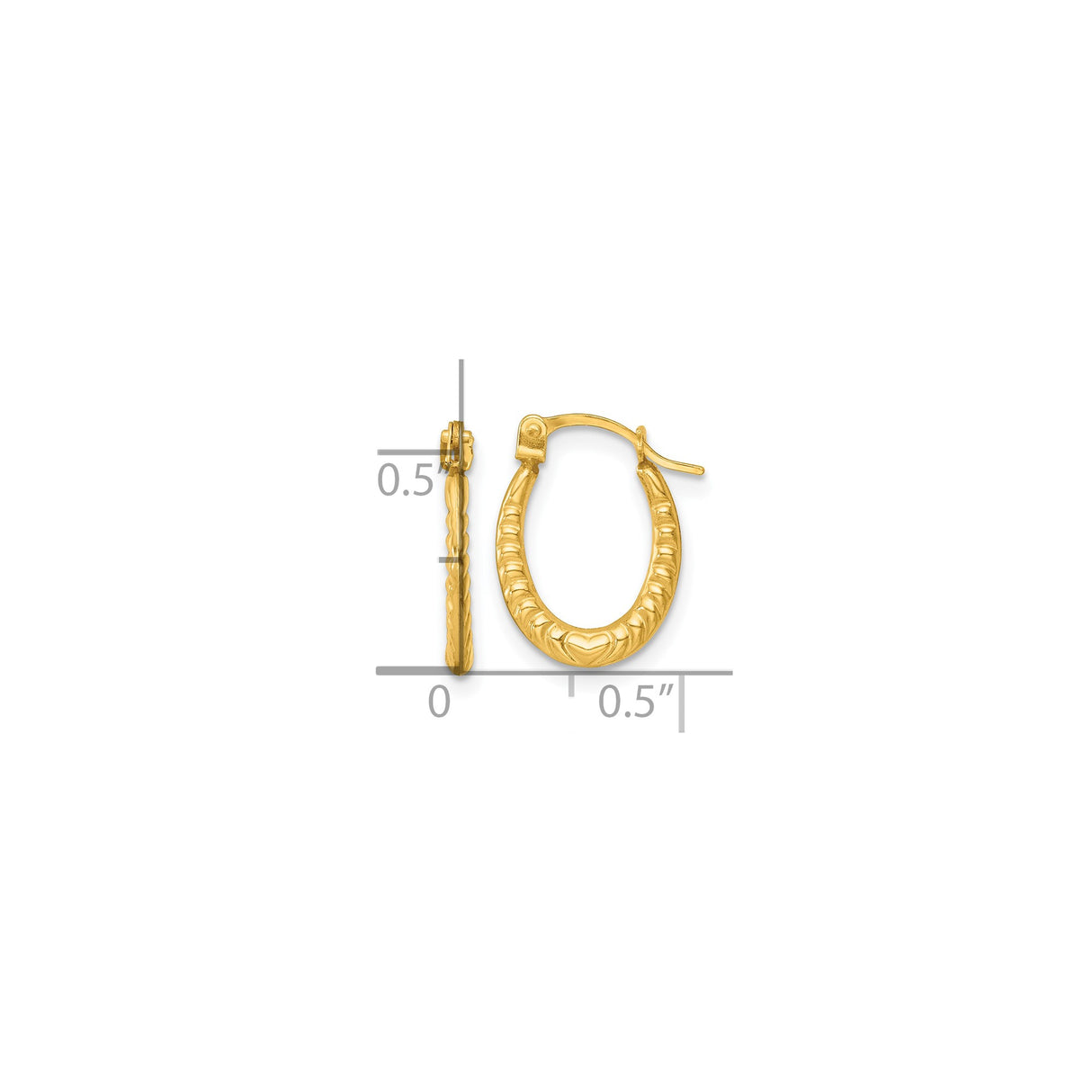 14k Yellow Gold Oval Hoop Earrings with Textured Embossed Heart Design for Women