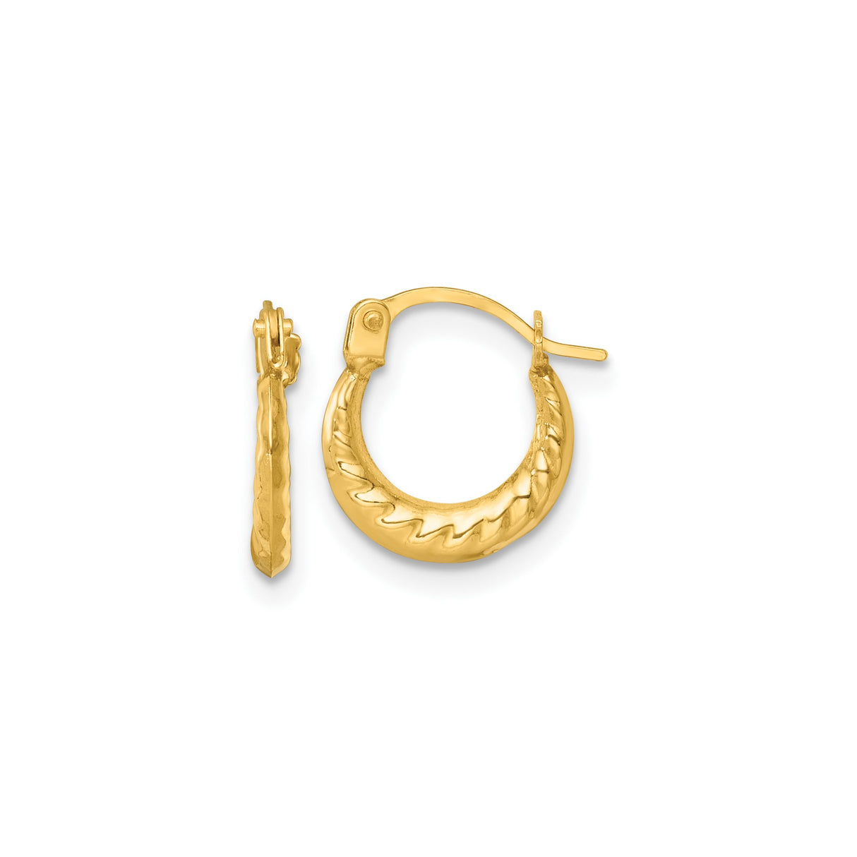 14k Yellow Gold Hoop Earrings with Zigzag Diamond Cut Design and Polished Finish