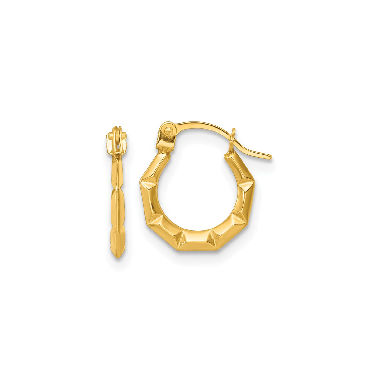 14k Yellow Gold Hoop Earrings, Faceted Geometric Design, Lightweight Modern Style for Women