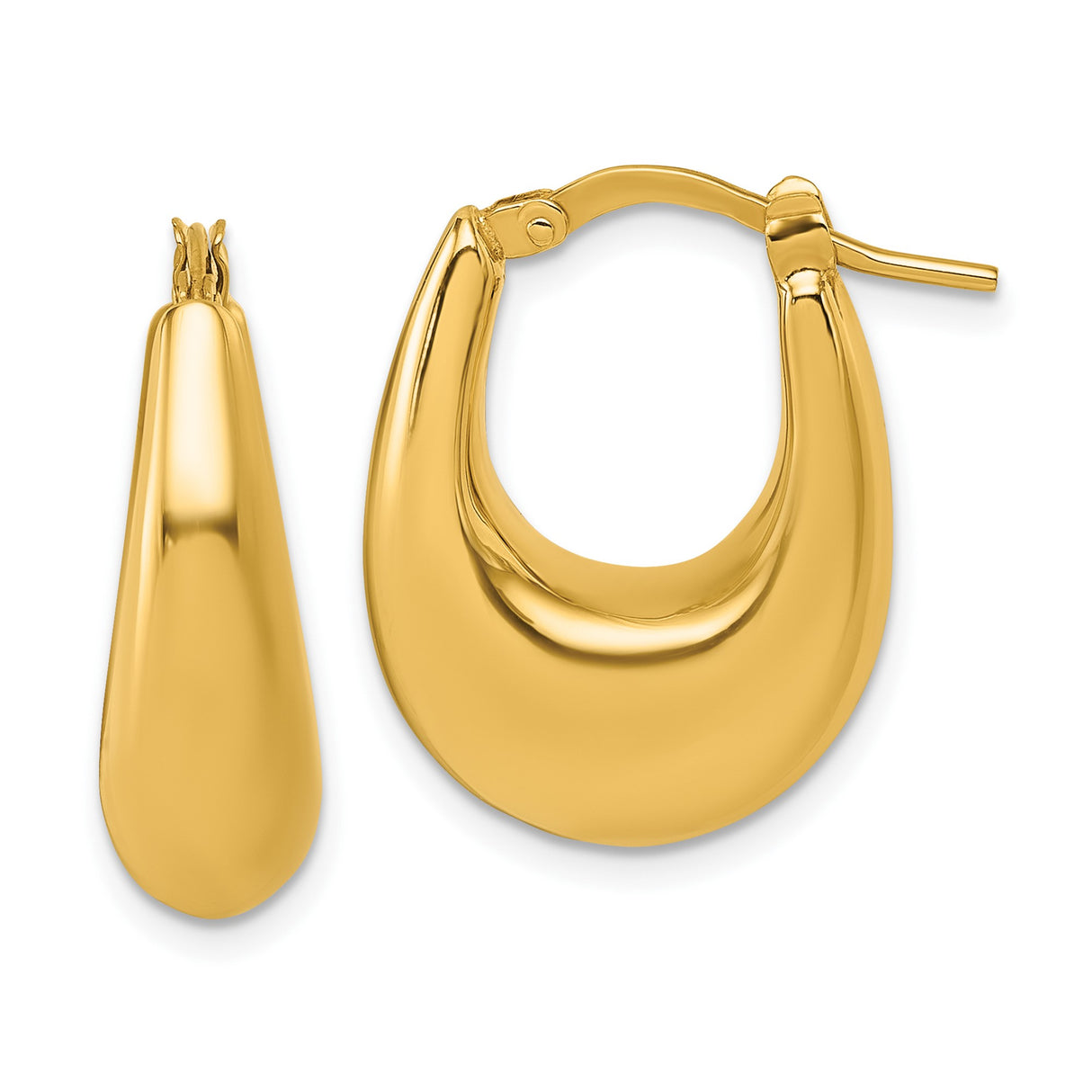 14k Yellow Gold Hoop Earrings, Domed Teardrop Design, Polished Oval Statement Style for Women