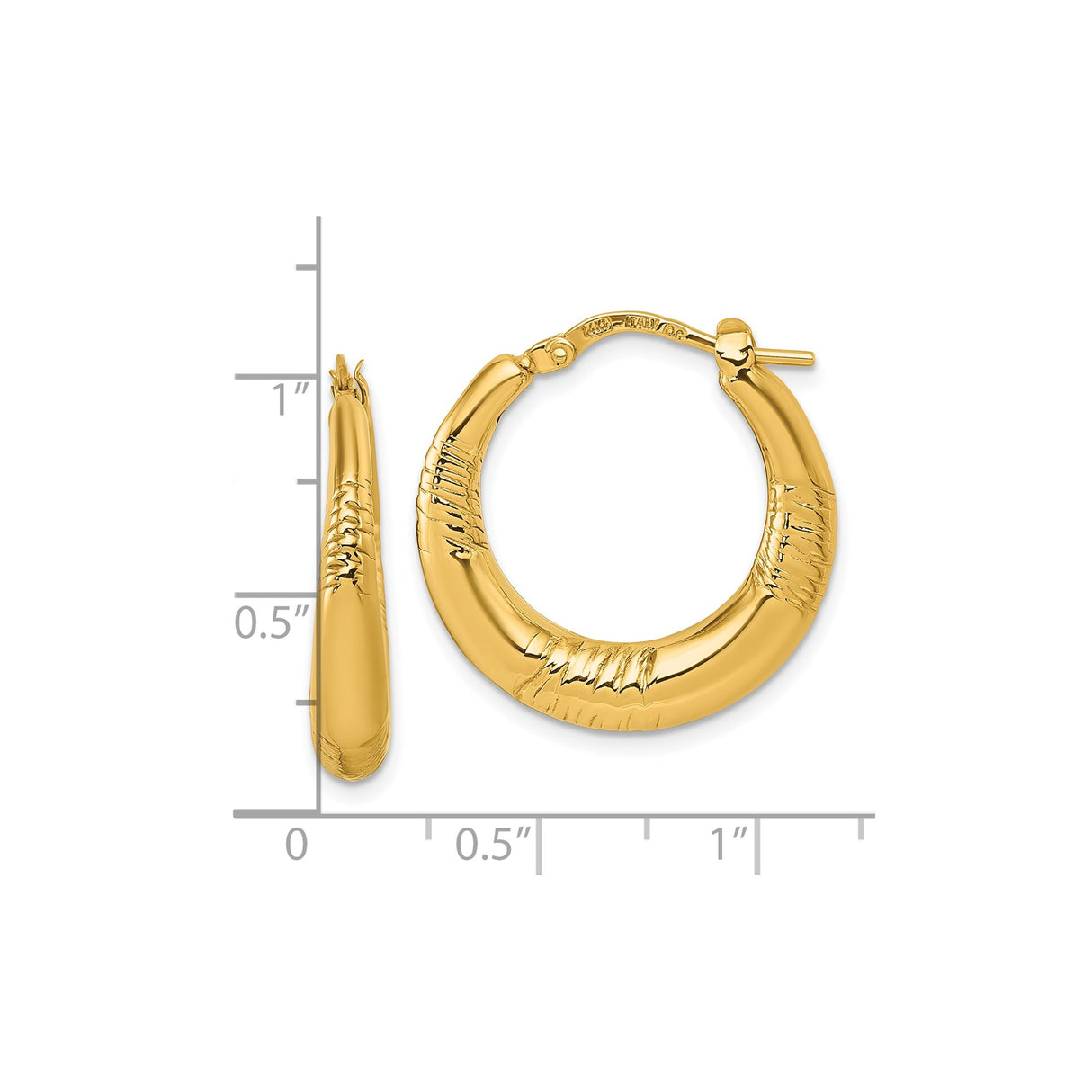 14k Yellow Gold Hoop Earrings, Textured Polished Tapered Curved Design for Women