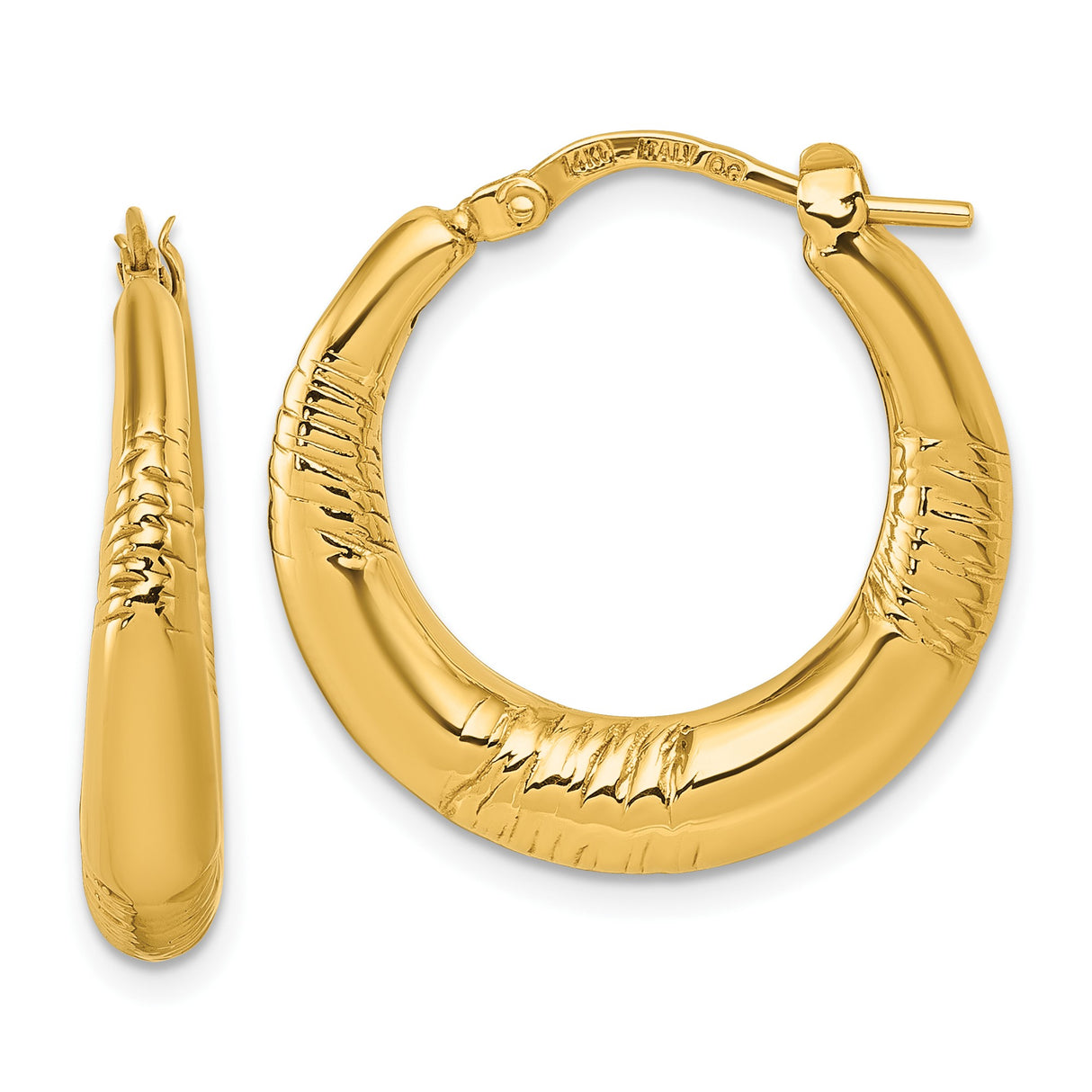 14k Yellow Gold Hoop Earrings, Textured Polished Tapered Curved Design for Women