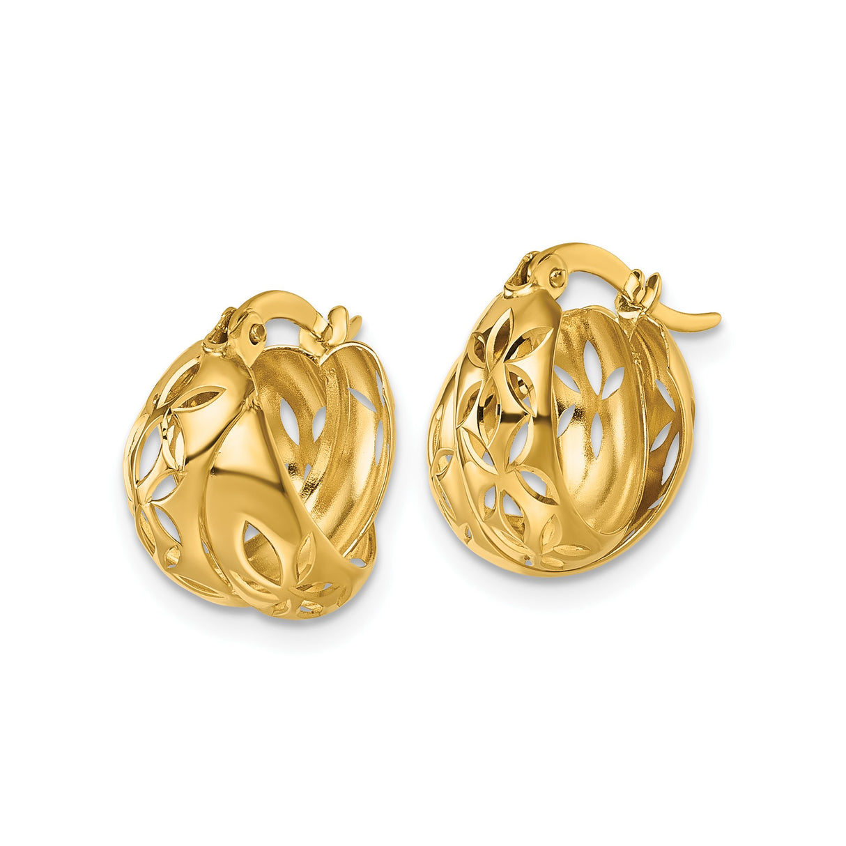 14k Yellow Gold Hoop Earrings with Openwork Leaf Design, Polished Finish, Nature Inspired