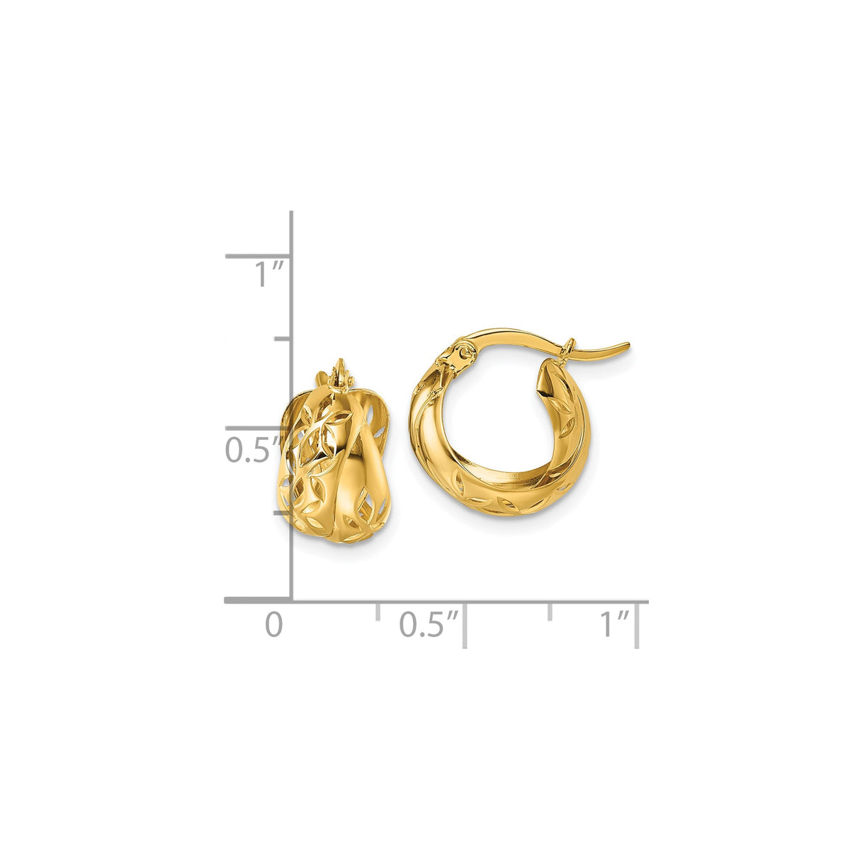 14k Yellow Gold Hoop Earrings with Openwork Leaf Design, Polished Finish, Nature Inspired