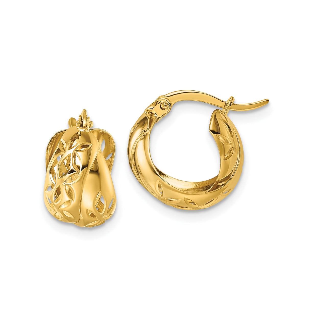 14k Yellow Gold Hoop Earrings with Openwork Leaf Design, Polished Finish, Nature Inspired