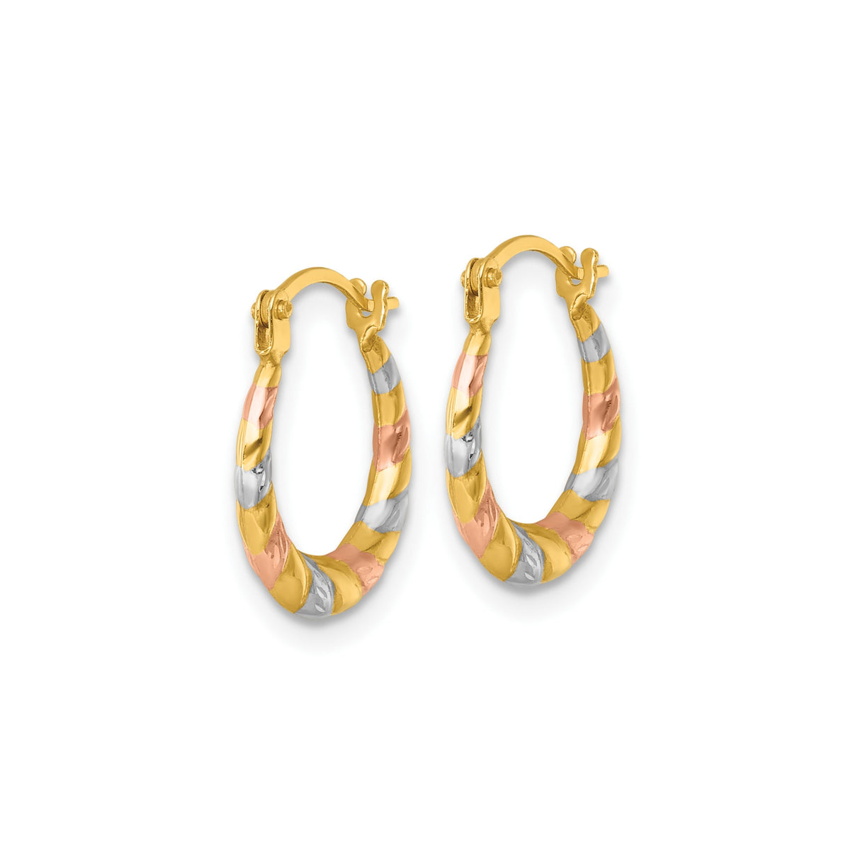 14k Tricolor Gold Hoop Earrings, Twisted Braided Polished Tube Design