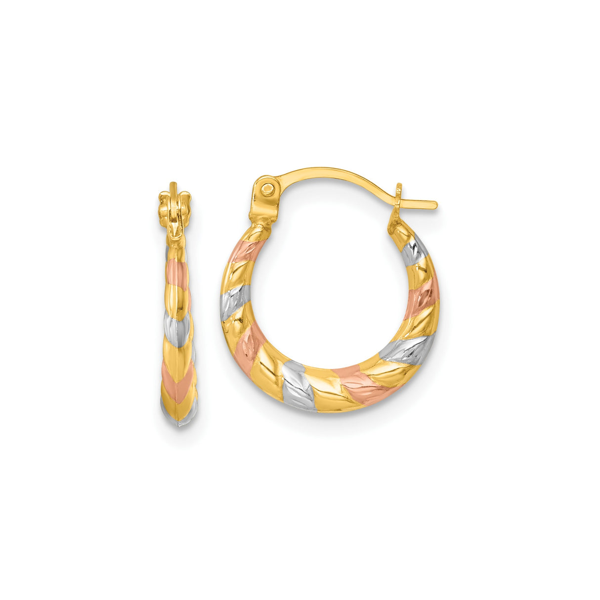 14k Tricolor Gold Hoop Earrings, Twisted Braided Polished Tube Design