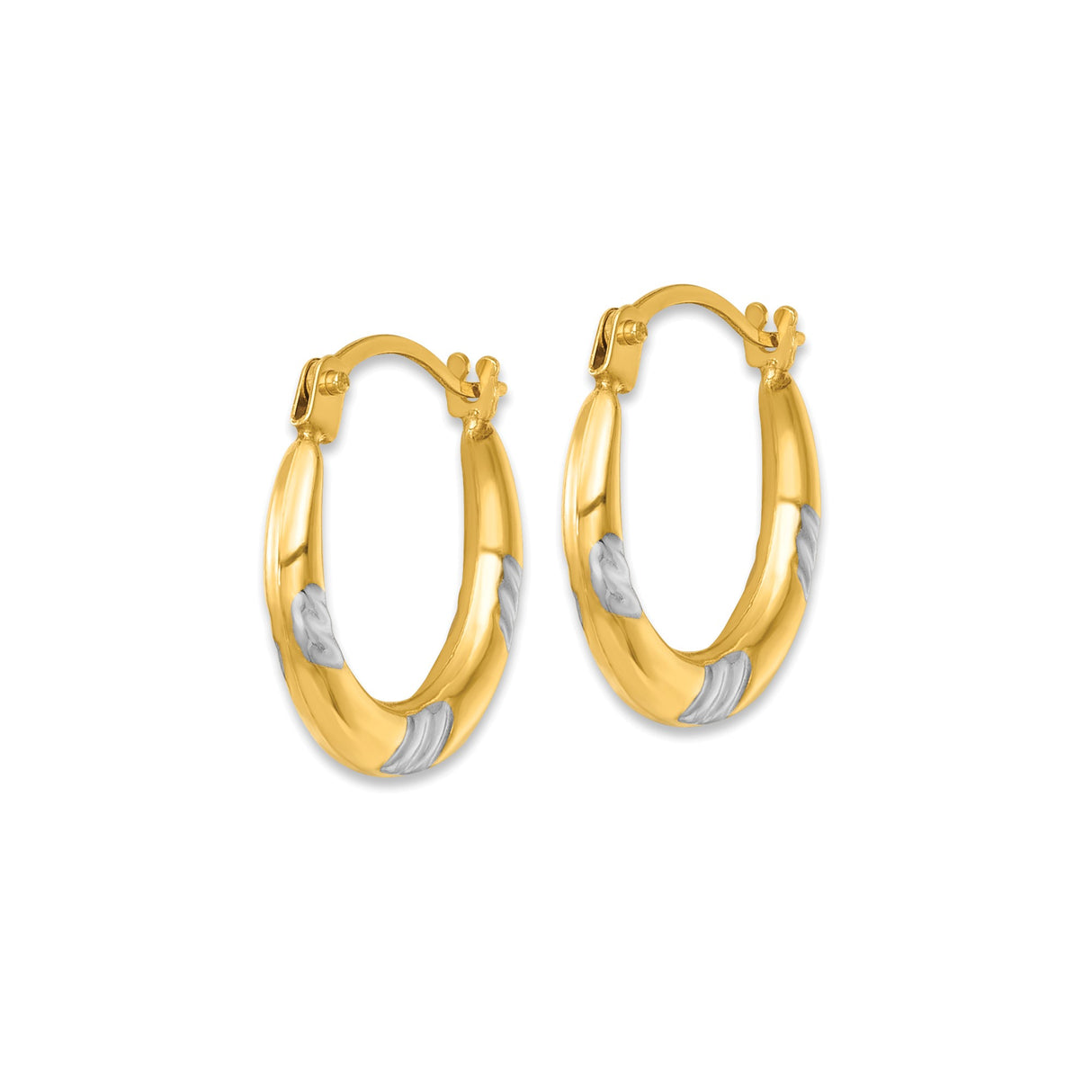 14k Yellow Gold Hoop Earrings, Two-Tone Rhodium Leaf Textured Round Design for Women
