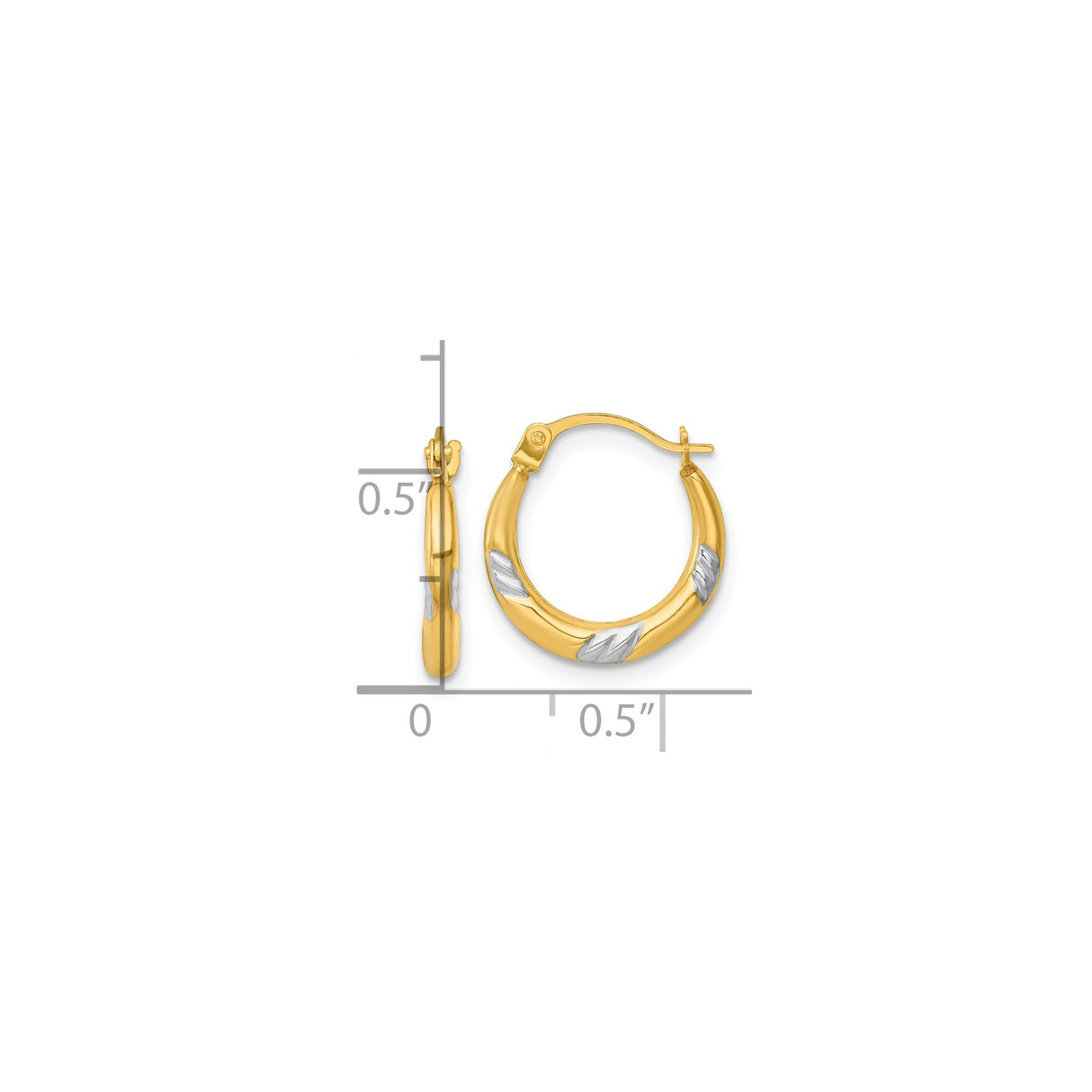 14k Yellow Gold Hoop Earrings, Two-Tone Rhodium Leaf Textured Round Design for Women