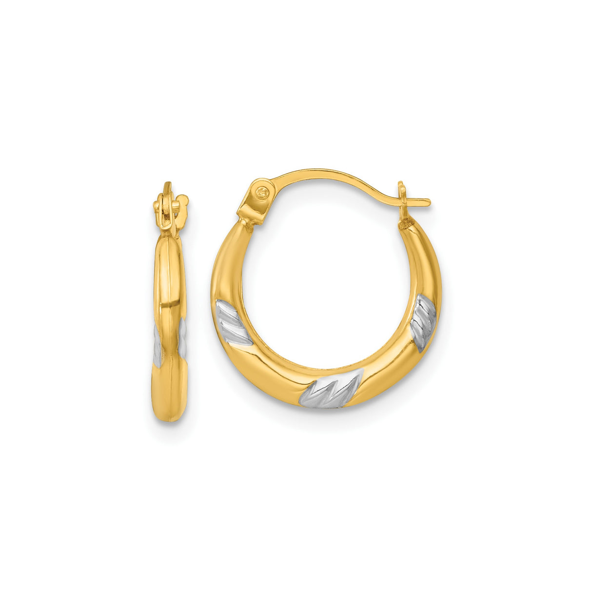 14k Yellow Gold Hoop Earrings, Two-Tone Rhodium Leaf Textured Round Design for Women
