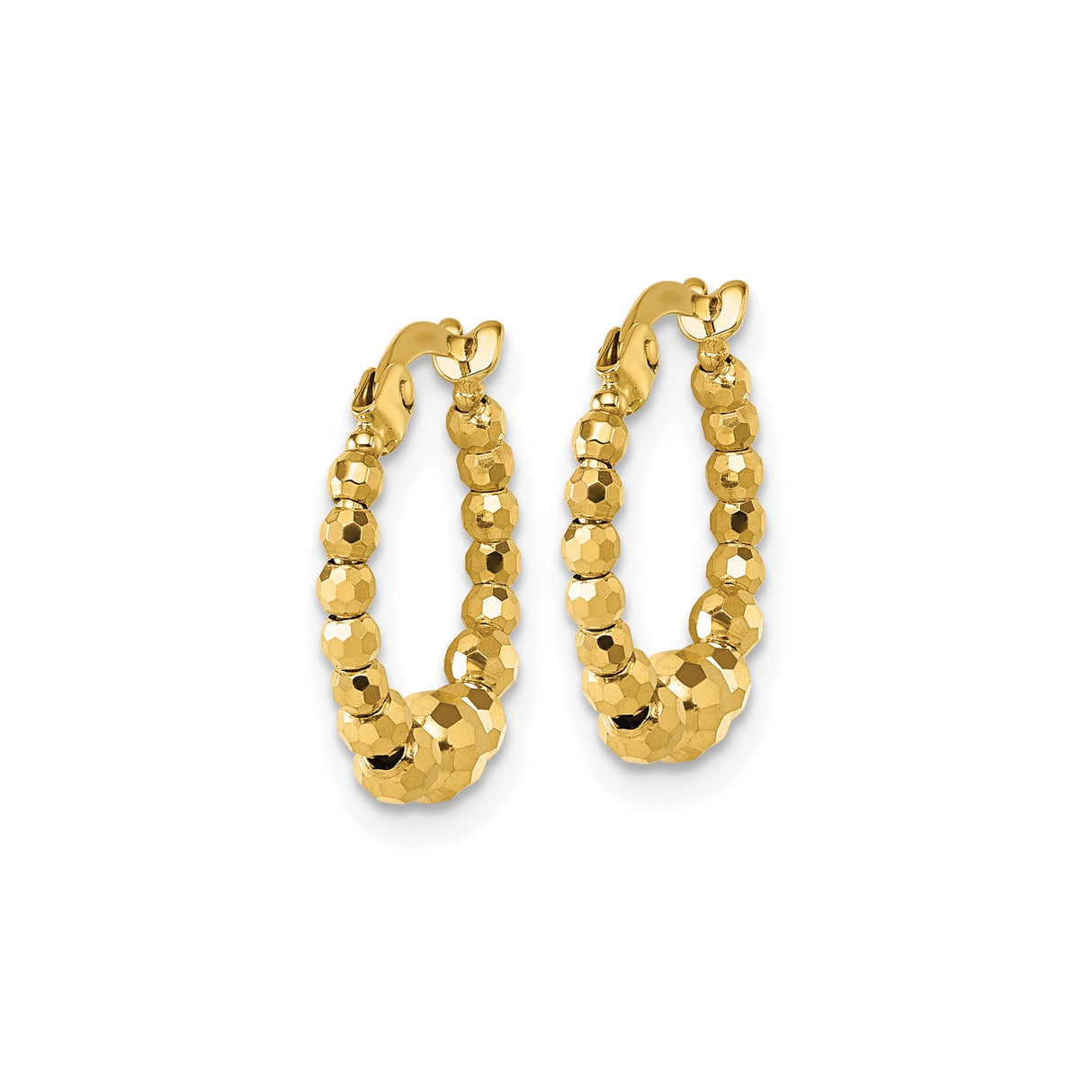 14k Yellow Gold Hoop Earrings, Faceted Bead Design, Polished Finish, Lightweight, Latch Back Closure