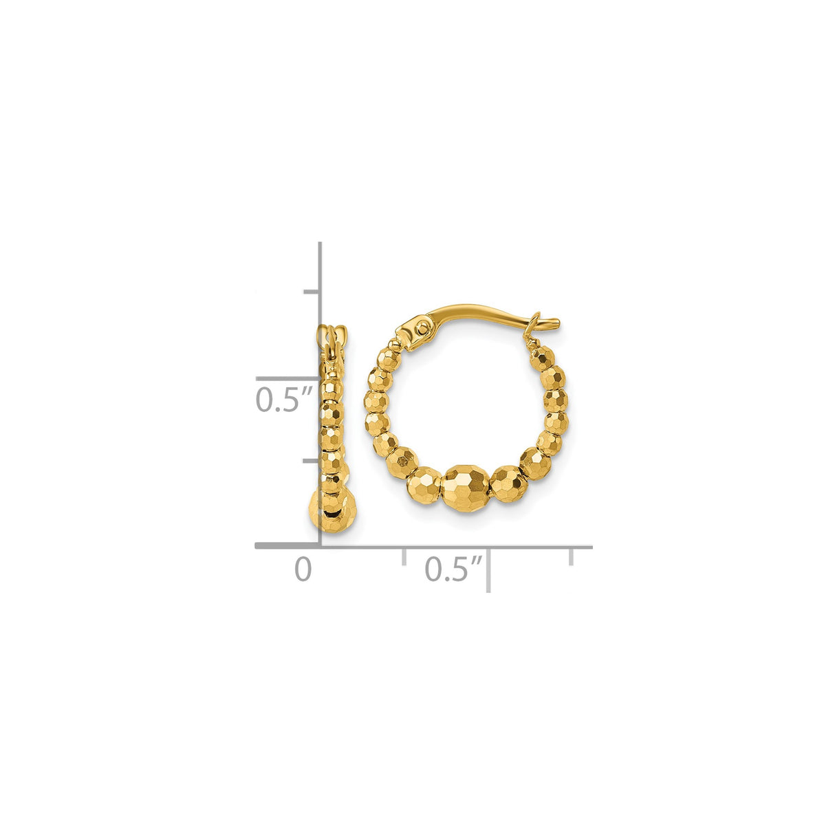 14k Yellow Gold Hoop Earrings, Faceted Bead Design, Polished Finish, Lightweight, Latch Back Closure