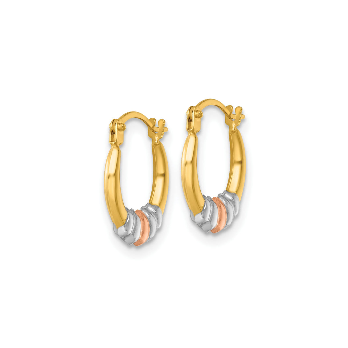 14k Yellow Gold Tri Color Hoop Earrings, Small Polished Bamboo Design, Lightweight for Women