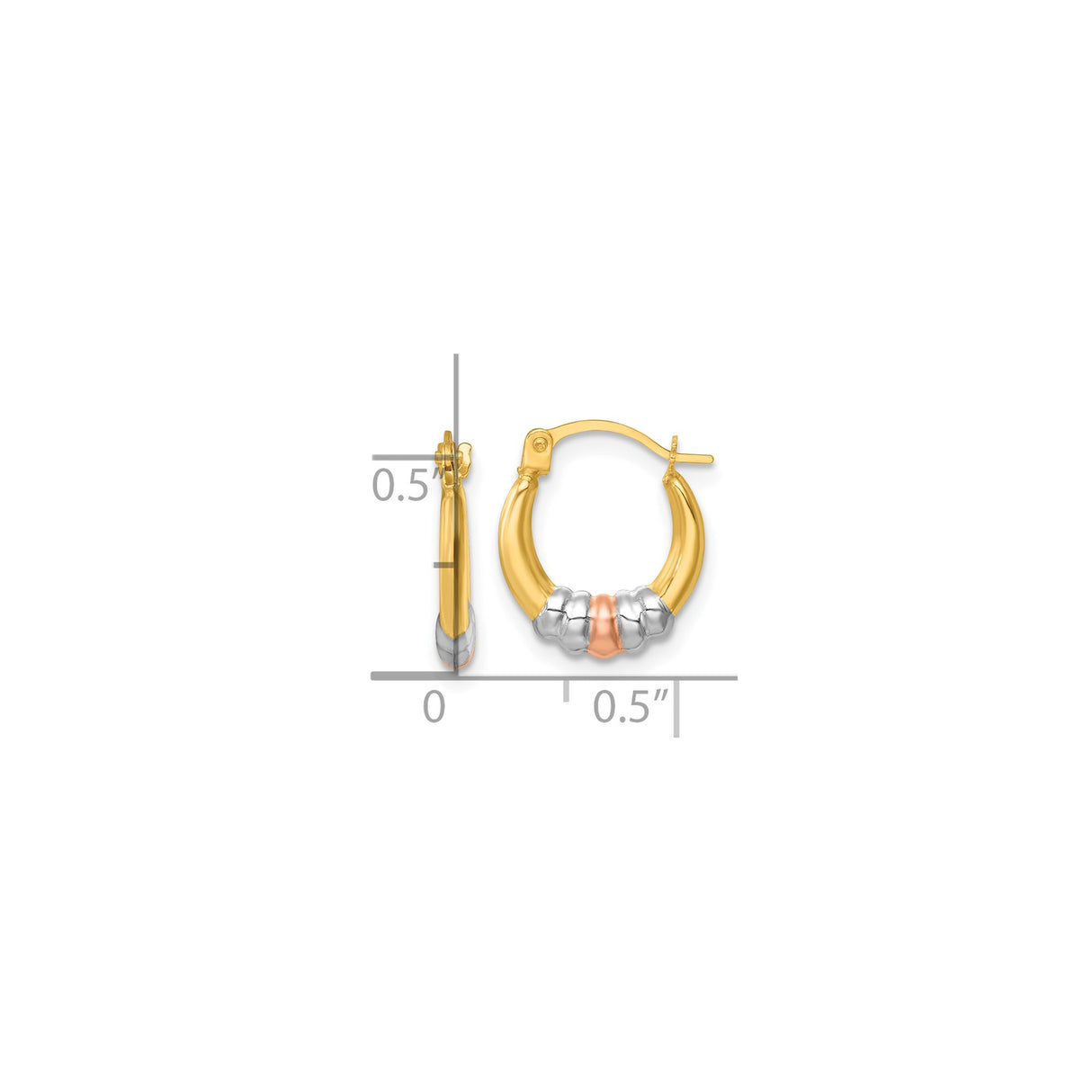 14k Yellow Gold Tri Color Hoop Earrings, Small Polished Bamboo Design, Lightweight for Women