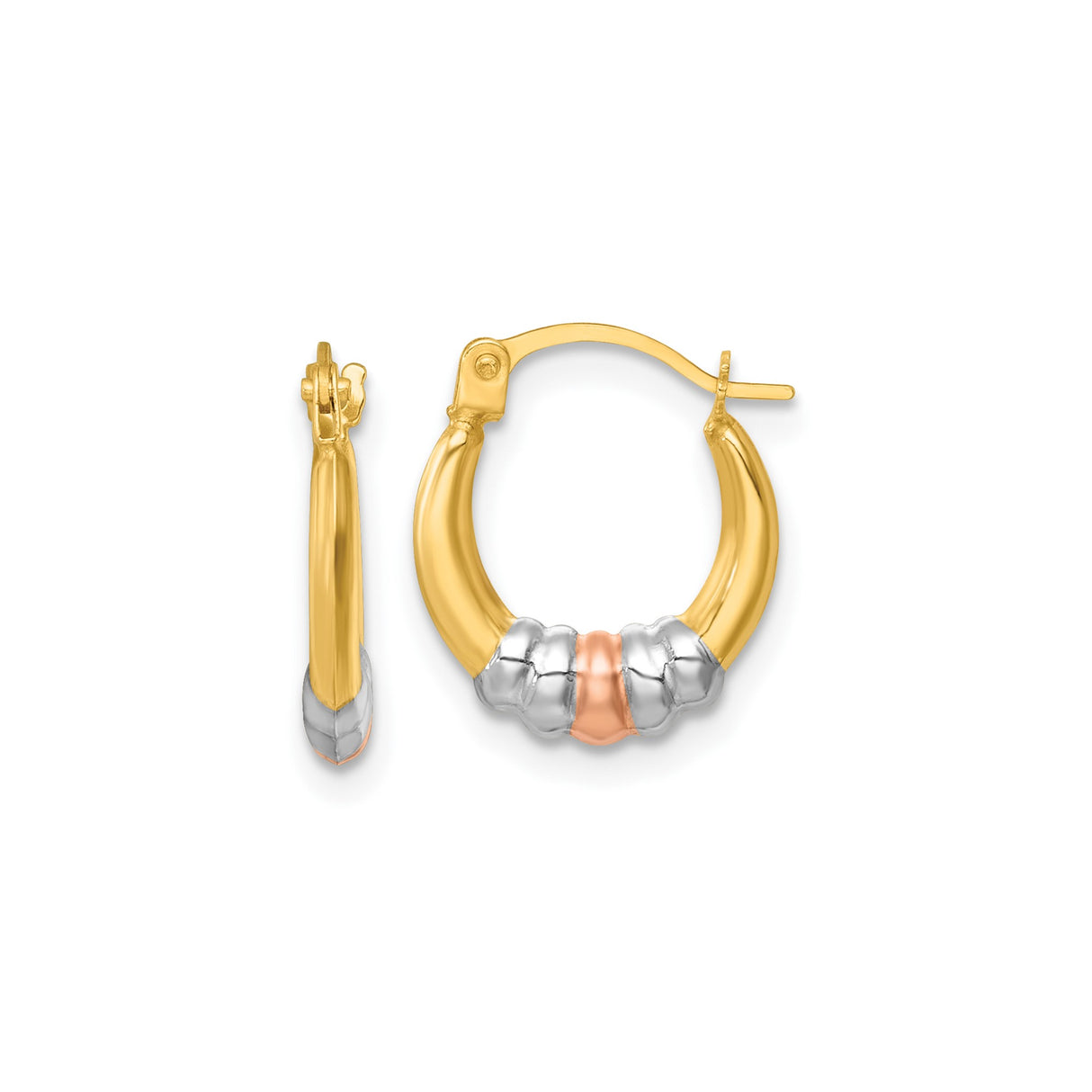 14k Yellow Gold Tri Color Hoop Earrings, Small Polished Bamboo Design, Lightweight for Women