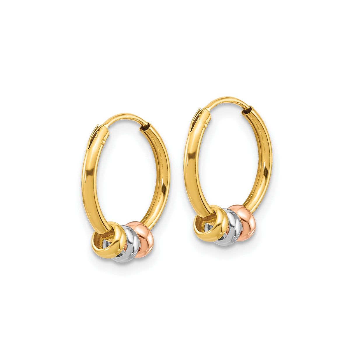 14k Yellow Gold Hoop Earrings with Rose, Yellow, and Rhodium Polished Rings, Tricolor Style