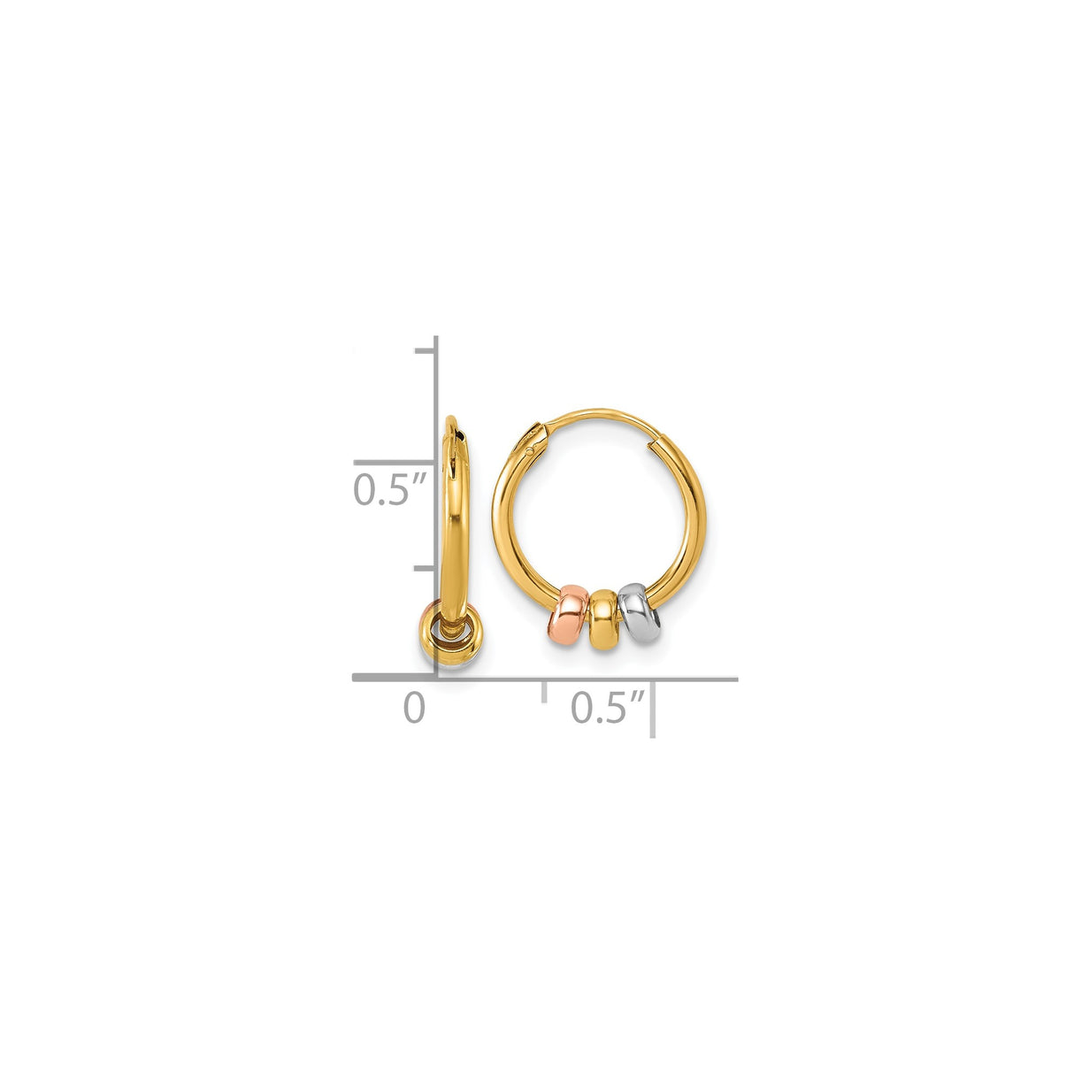 14k Yellow Gold Hoop Earrings with Rose, Yellow, and Rhodium Polished Rings, Tricolor Style