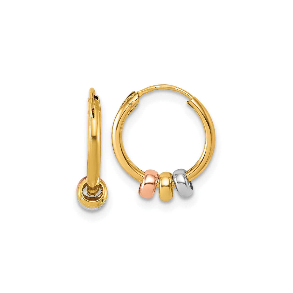 14k Yellow Gold Hoop Earrings with Rose, Yellow, and Rhodium Polished Rings, Tricolor Style