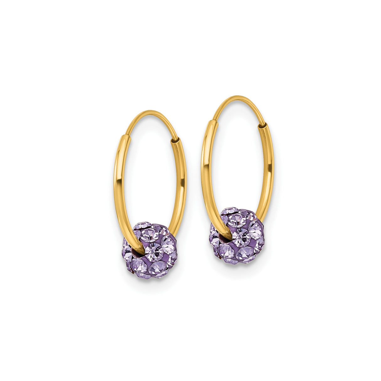 14k Yellow Gold Hoop Earrings with Round Purple Pavé Crystal Charm