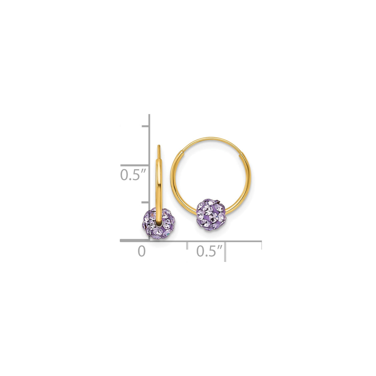 14k Yellow Gold Hoop Earrings with Round Purple Pavé Crystal Charm