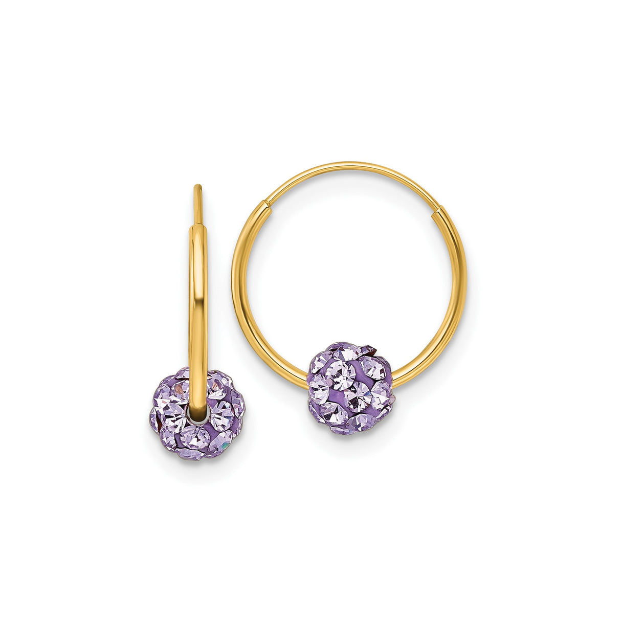 14k Yellow Gold Hoop Earrings with Round Purple Pavé Crystal Charm