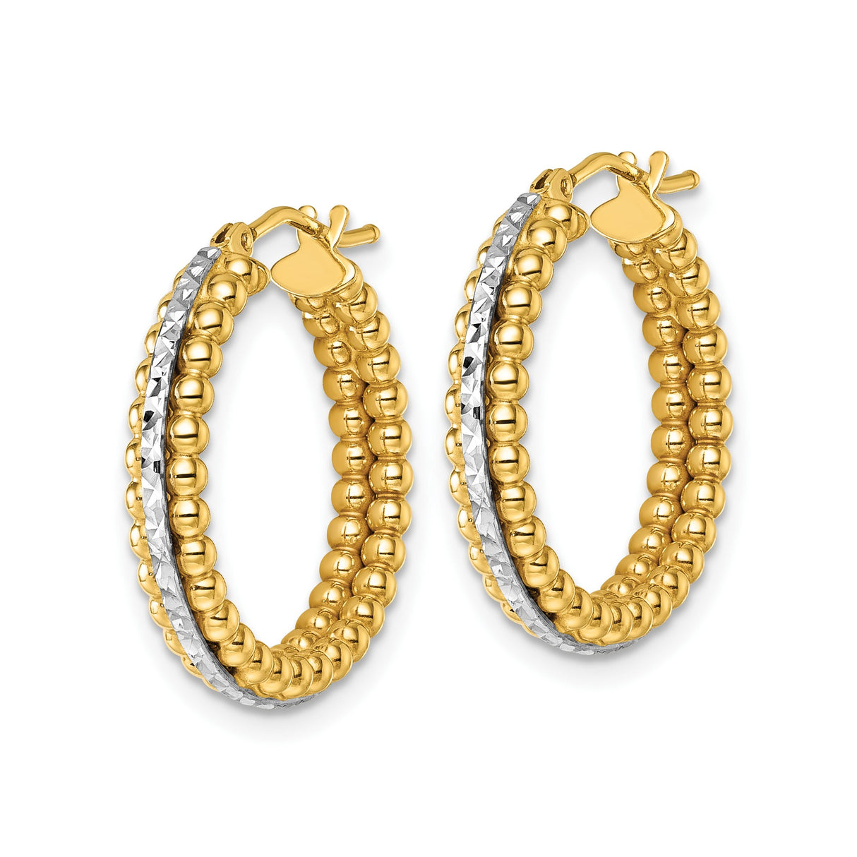 14k Two-Tone Gold Hoop Earrings with Beaded Design and Diamond Cut Stripe for Women