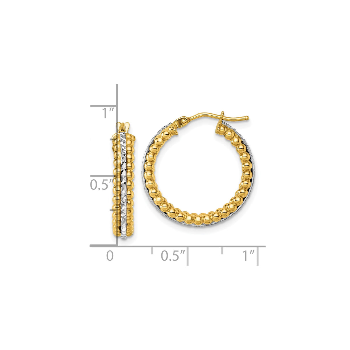14k Two-Tone Gold Hoop Earrings with Beaded Design and Diamond Cut Stripe for Women