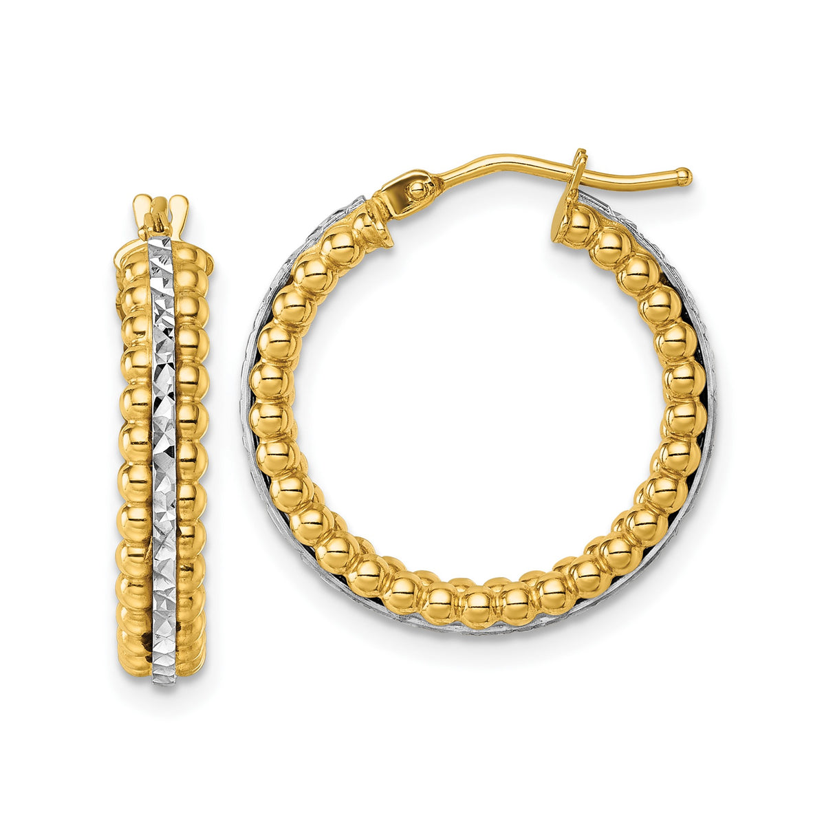 14k Two-Tone Gold Hoop Earrings with Beaded Design and Diamond Cut Stripe for Women