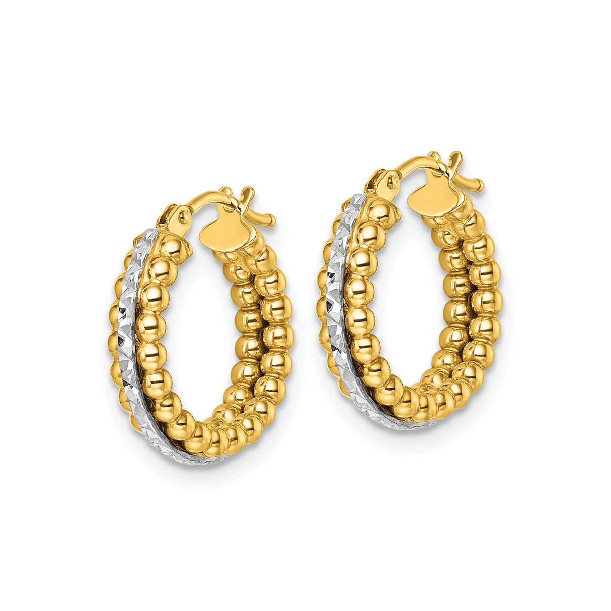 14k Two-Tone Gold Hoop Earrings with Beaded Yellow Gold Design and Textured White Stripe
