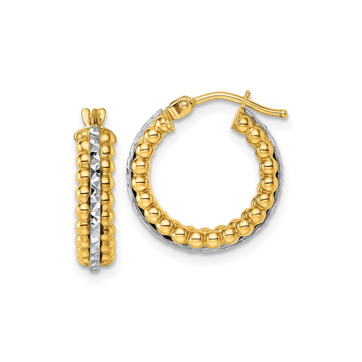 14k Two-Tone Gold Hoop Earrings with Beaded Yellow Gold Design and Textured White Stripe