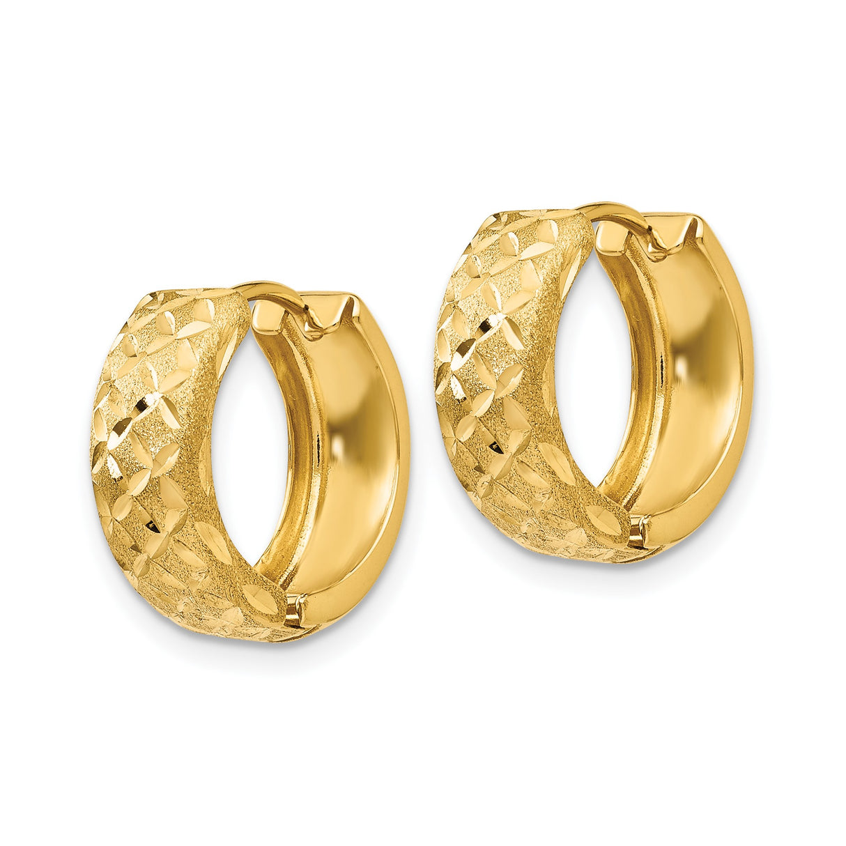 14k Yellow Gold Hoop Earrings with Diamond Cut Leaf Design and Glitter Finish