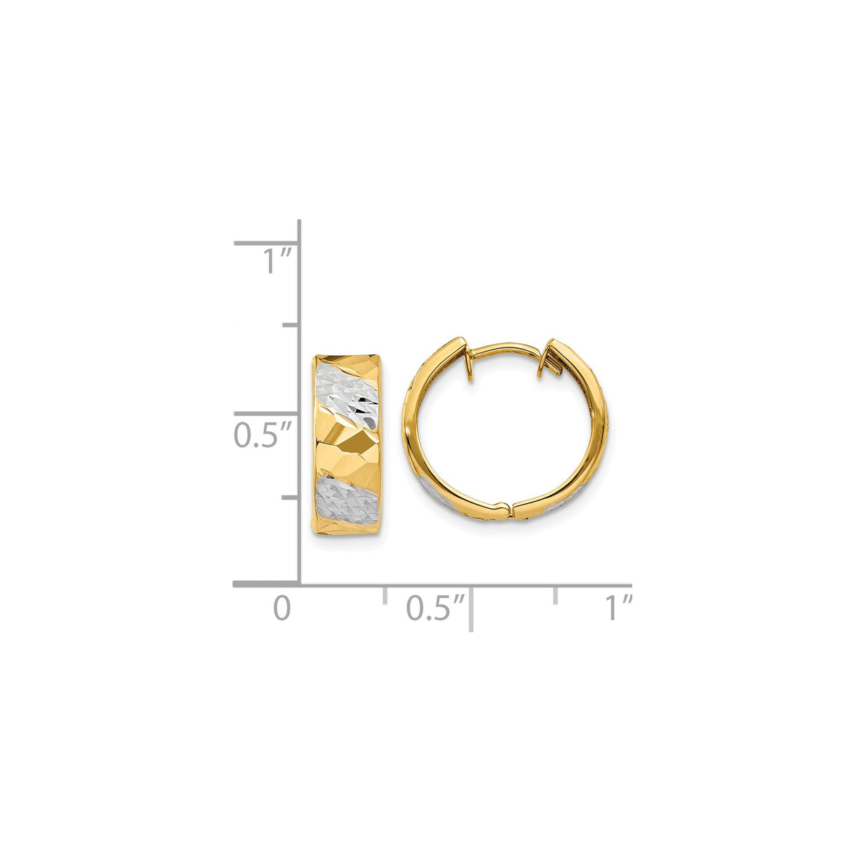 14k Yellow Gold Hoop Earrings, Rhodium Finish, Diamond-Cut Two-Tone Faceted Design for Women