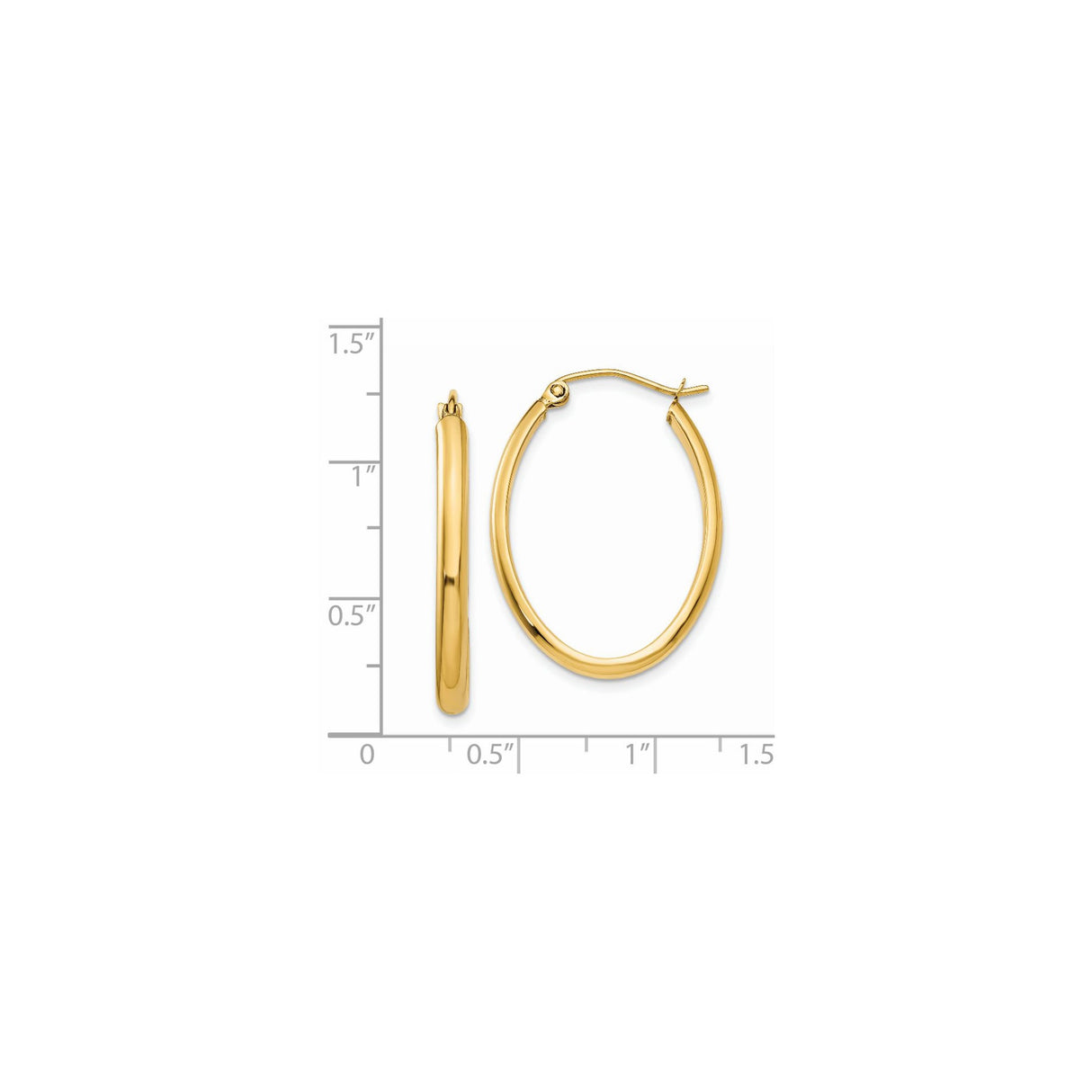 14k Yellow Gold Hoop Earrings, Oval Shape with Latch Back, Polished Finish, Medium Size