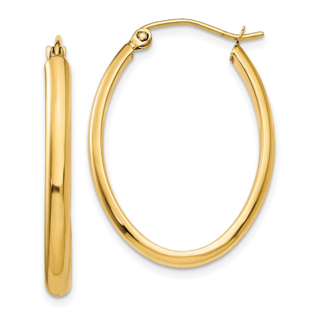 14k Yellow Gold Hoop Earrings, Oval Shape with Latch Back, Polished Finish, Medium Size