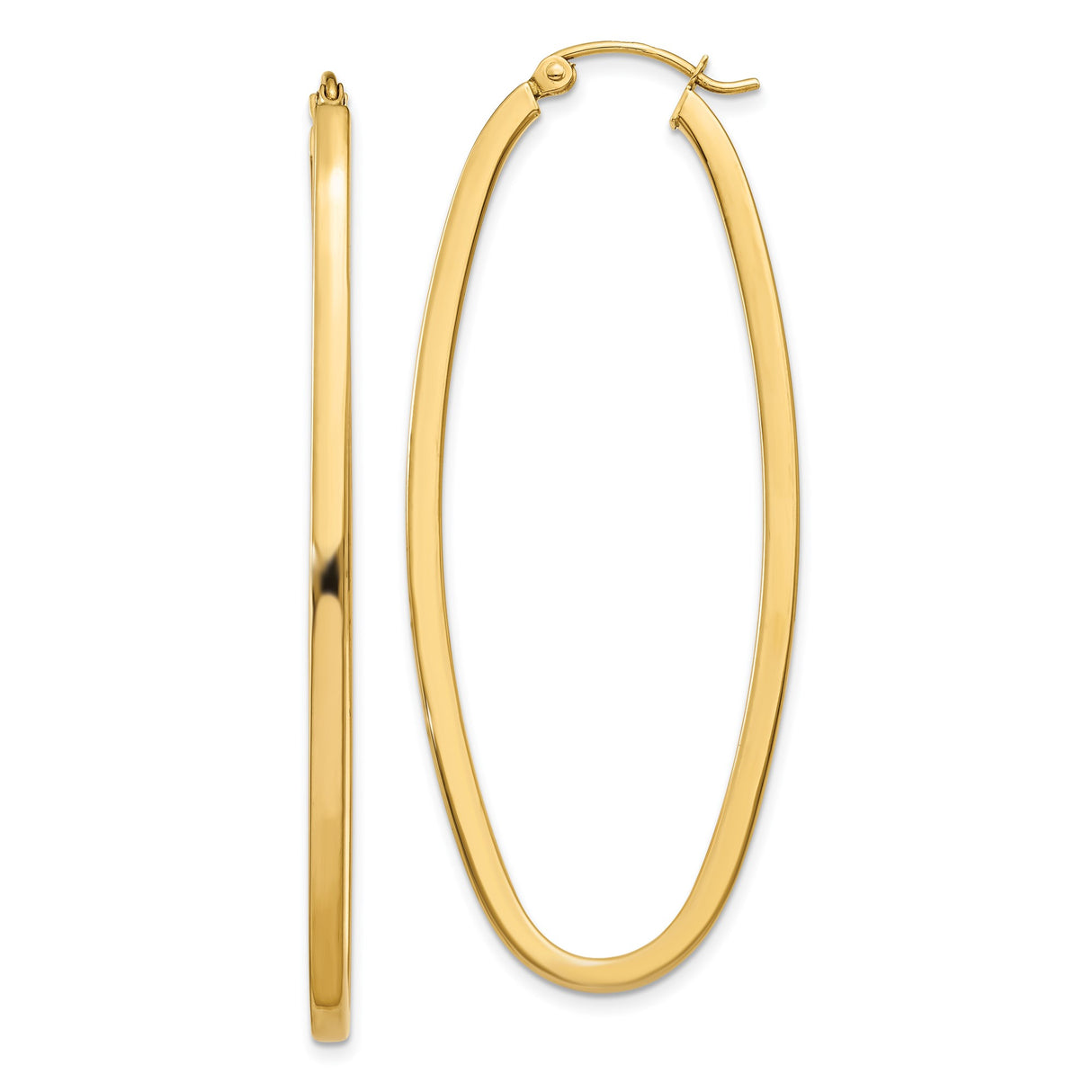 14k Yellow Gold Oval Hoop Earrings, Elongated Lightweight Polished Tube Design for Women