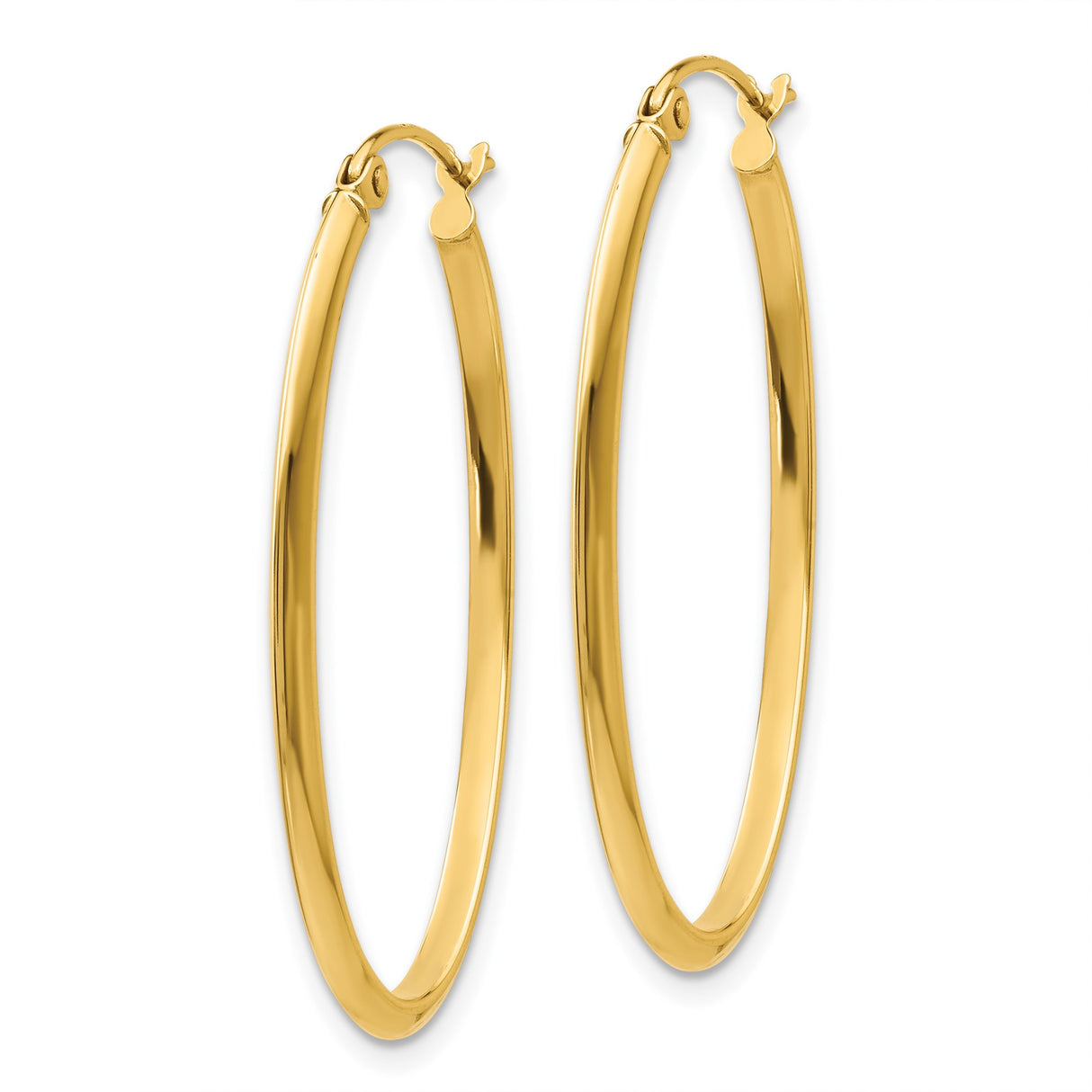 14k Yellow Gold Oval Hoop Earrings with Hinged Closure, High Polish Finish, Minimalist Design