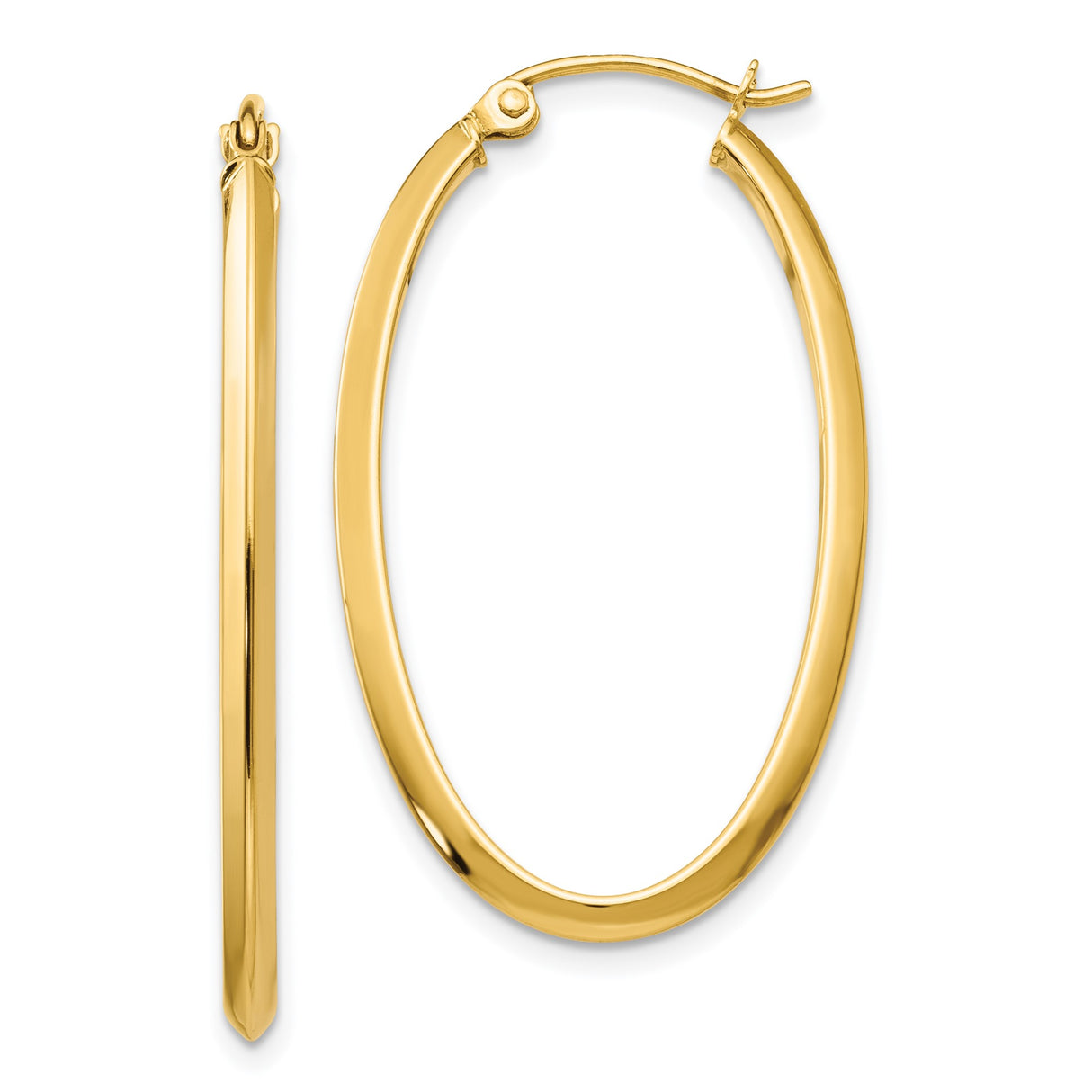 14k Yellow Gold Oval Hoop Earrings with Hinged Closure, High Polish Finish, Minimalist Design