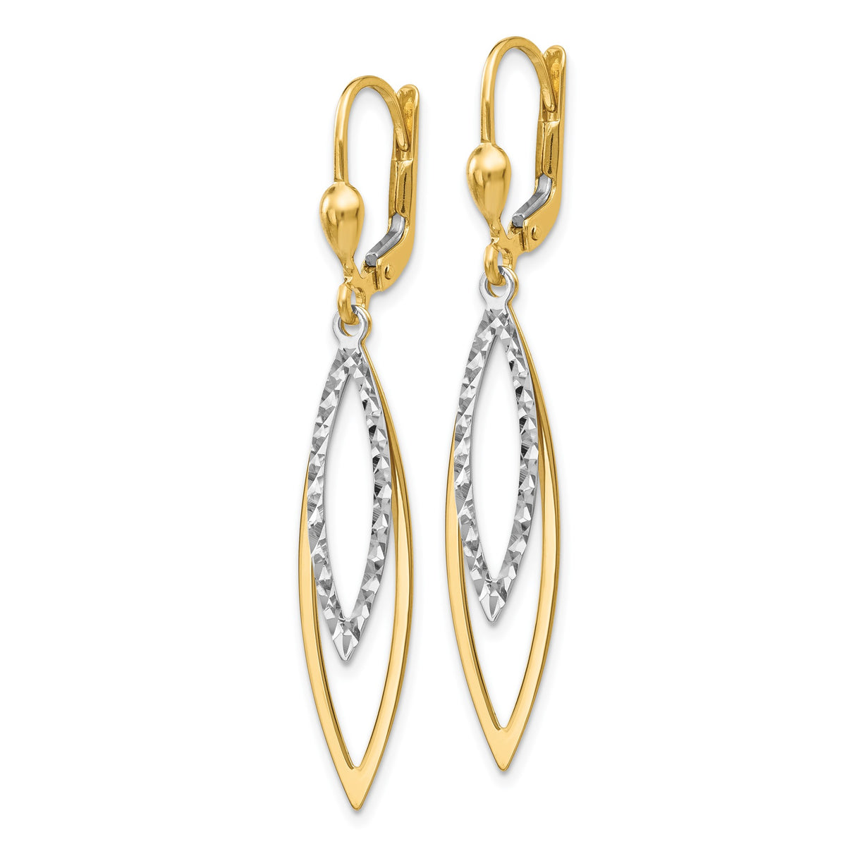 14k Two-Tone Gold Dangle Earrings with Open Marquise Drop and Textured White Gold Center