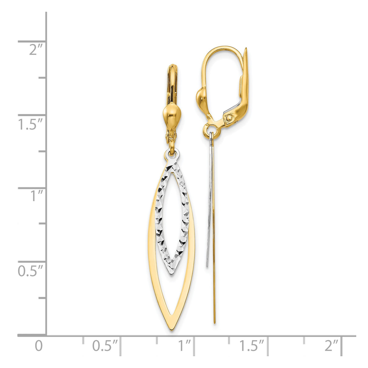 14k Two-Tone Gold Dangle Earrings with Open Marquise Drop and Textured White Gold Center