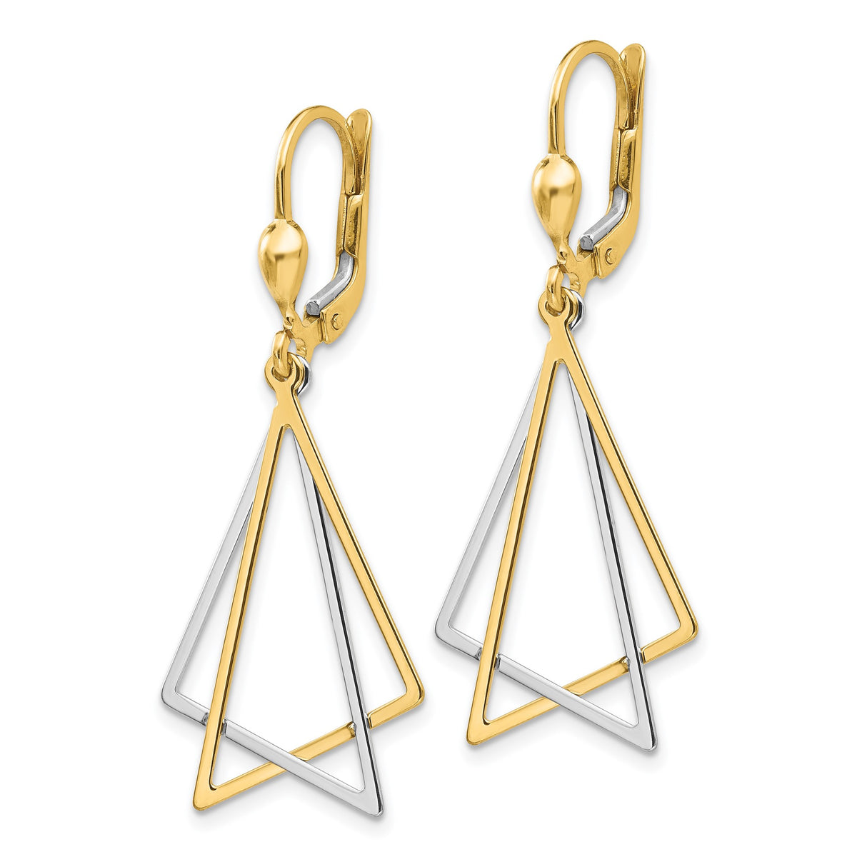 14k Yellow Gold Dangle Earrings, Interlocking Geometric Triangle Drop, Modern Minimalist Style