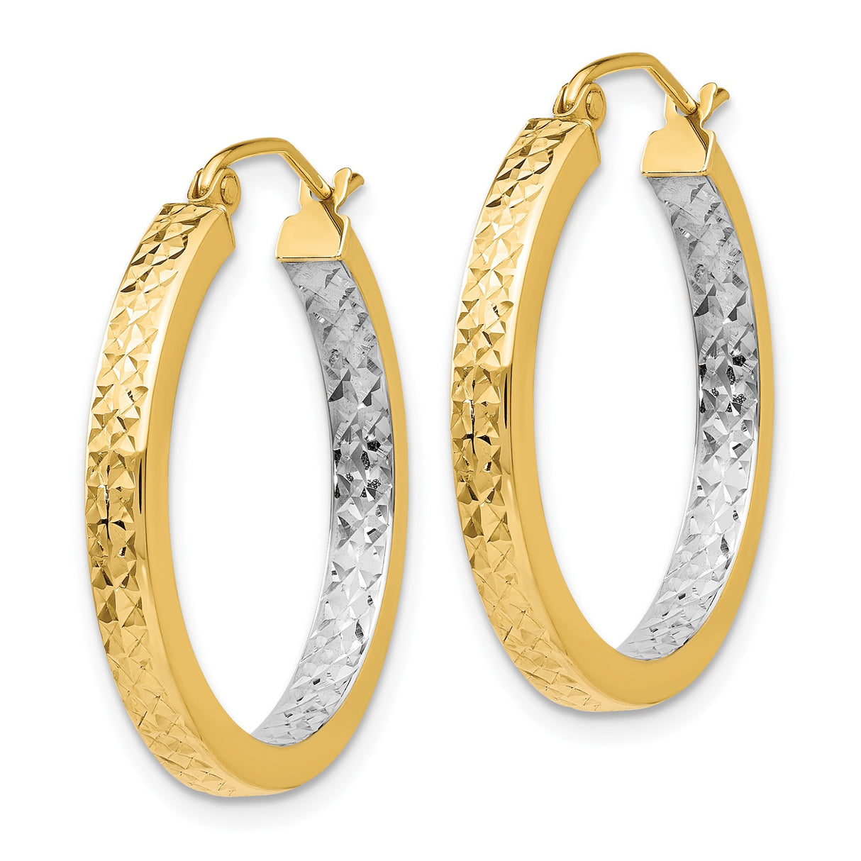 14k Yellow Gold Hoop Earrings, Two Tone Diamond Cut Textured Round Design for Women
