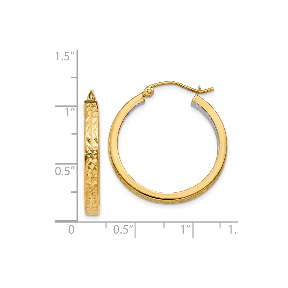 14k Yellow Gold Hoop Earrings, Two Tone Diamond Cut Textured Round Design for Women