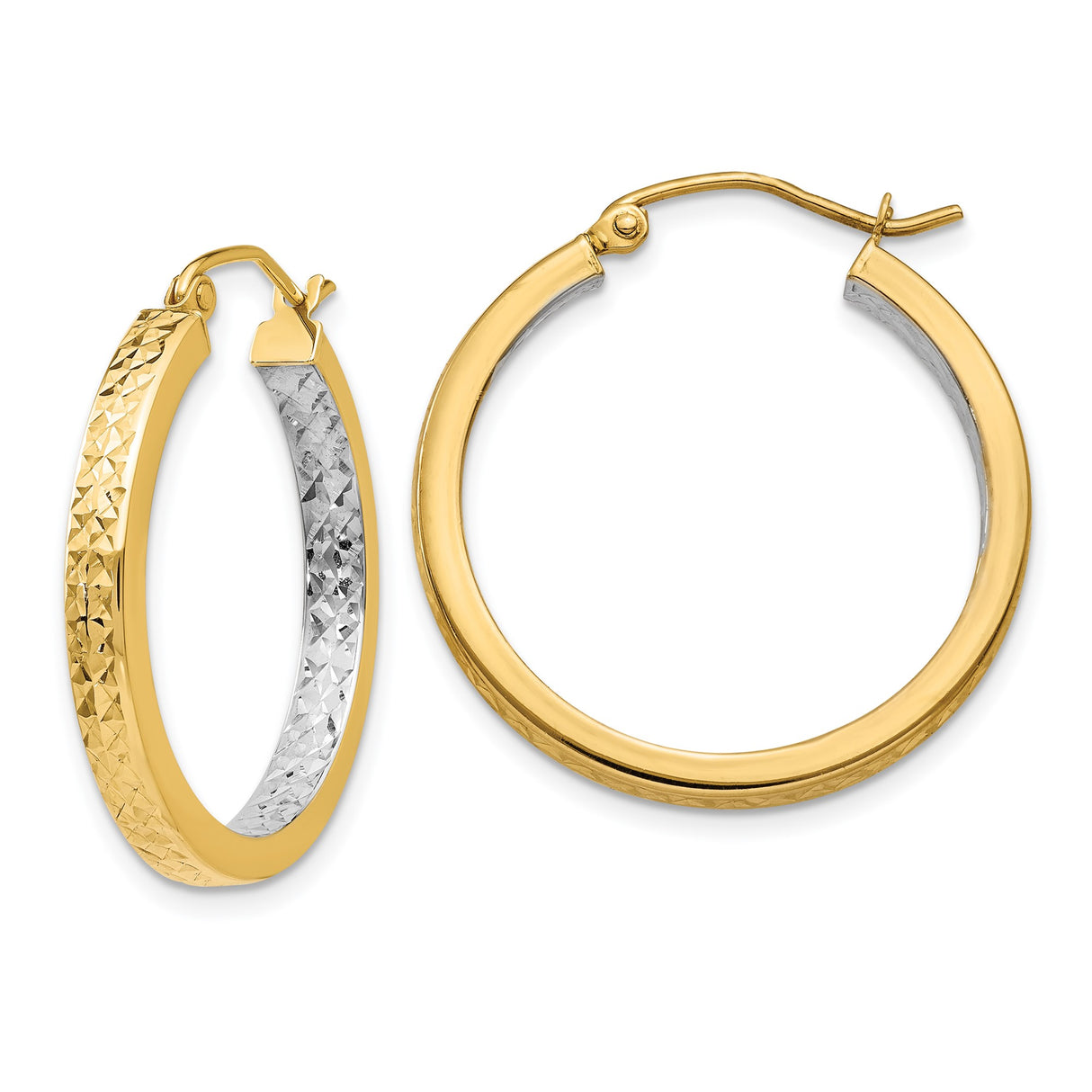 14k Yellow Gold Hoop Earrings, Two Tone Diamond Cut Textured Round Design for Women